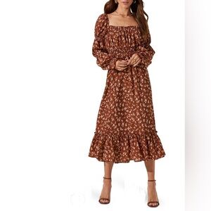 ASTR  the Label caramel floral long sleeve boho chic‎ peasant style midi dress
